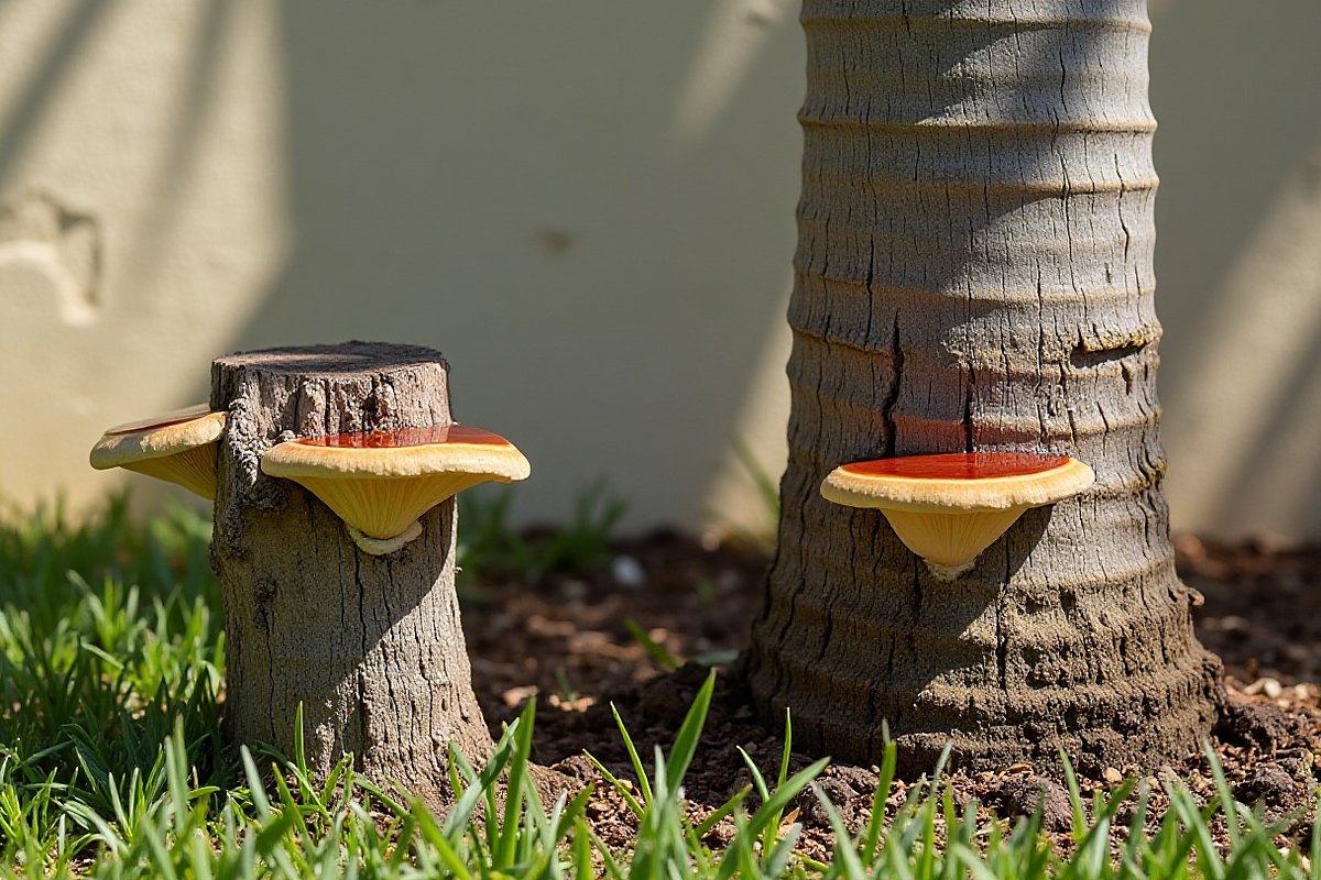 Shelf fungus on a cut stump next to a palm trunk