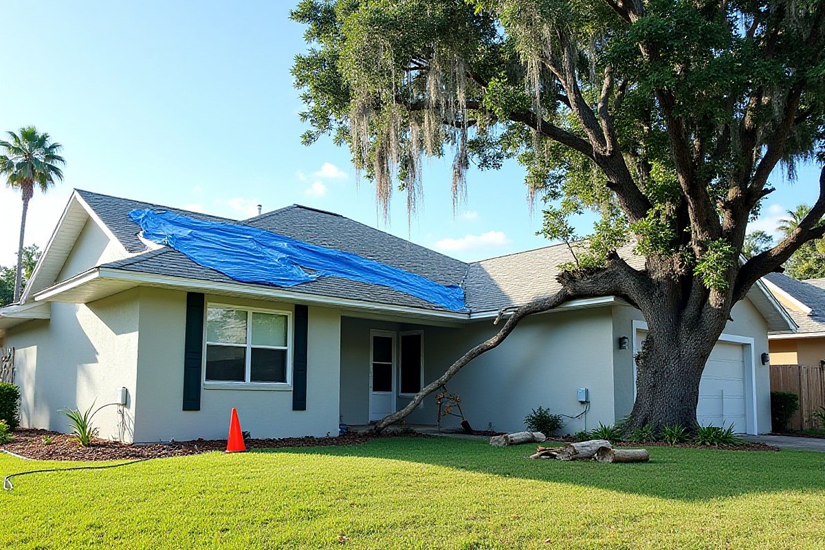 Snapped oak limb beside a house with a blue tarp on the roof