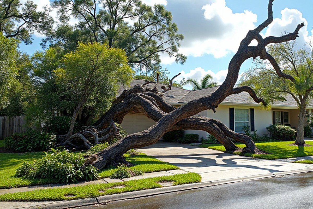 Big oak limbs broken down across a front yard and driveway