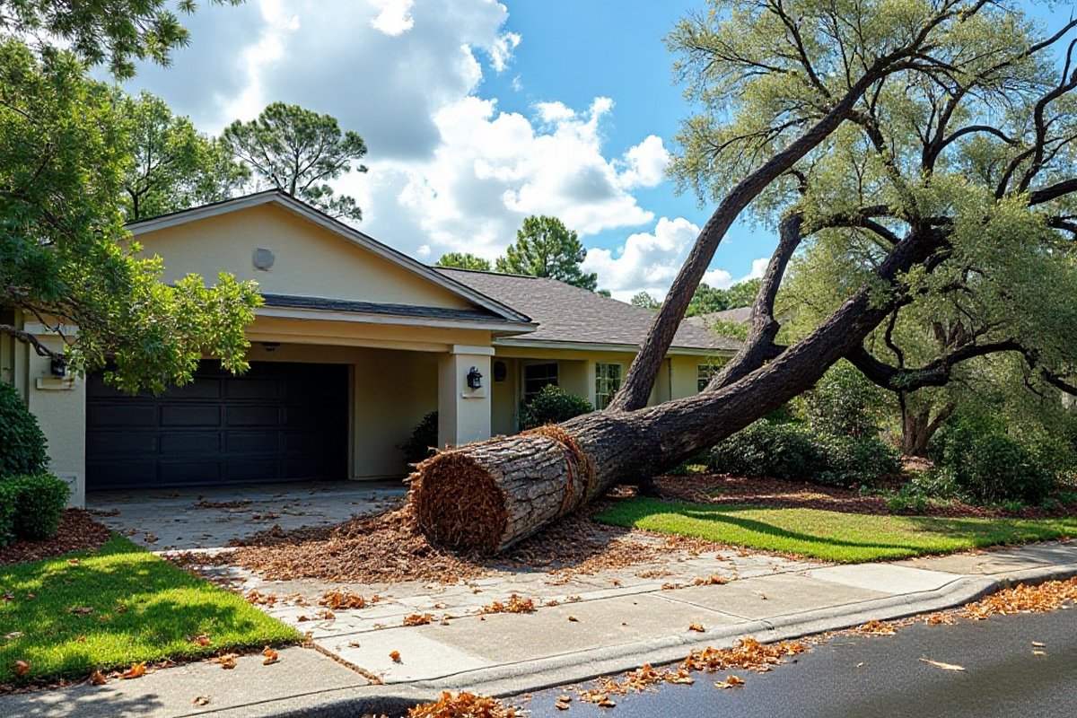 Large trunk blown down across a driveway in front of a garage