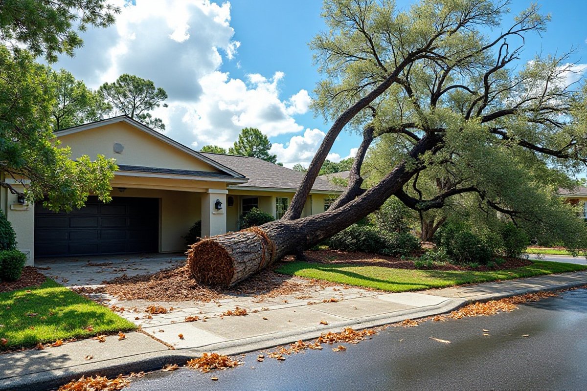 Trunk fallen across a driveway in front of a garage, wet street