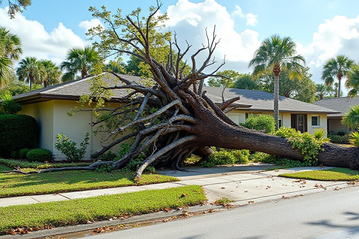 Uprooted tree with its root plate lifted out of the lawn