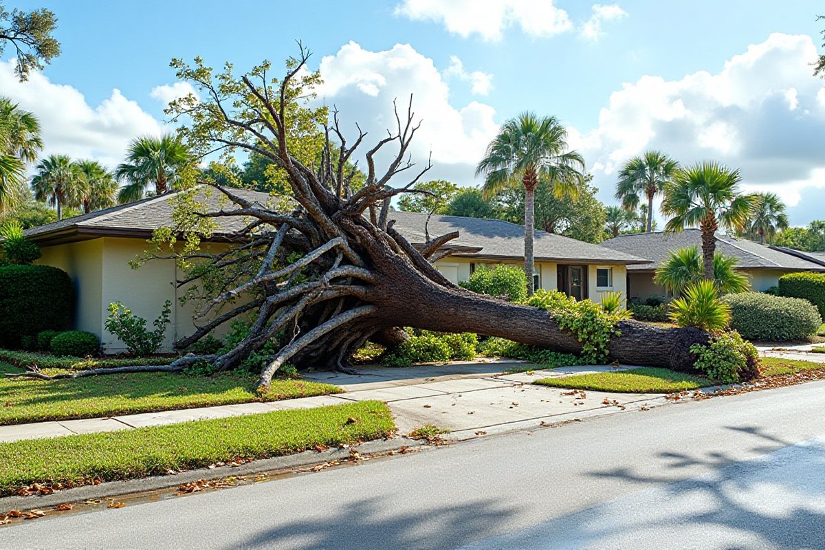 Uprooted oak lying across a front yard by the street, palms behind