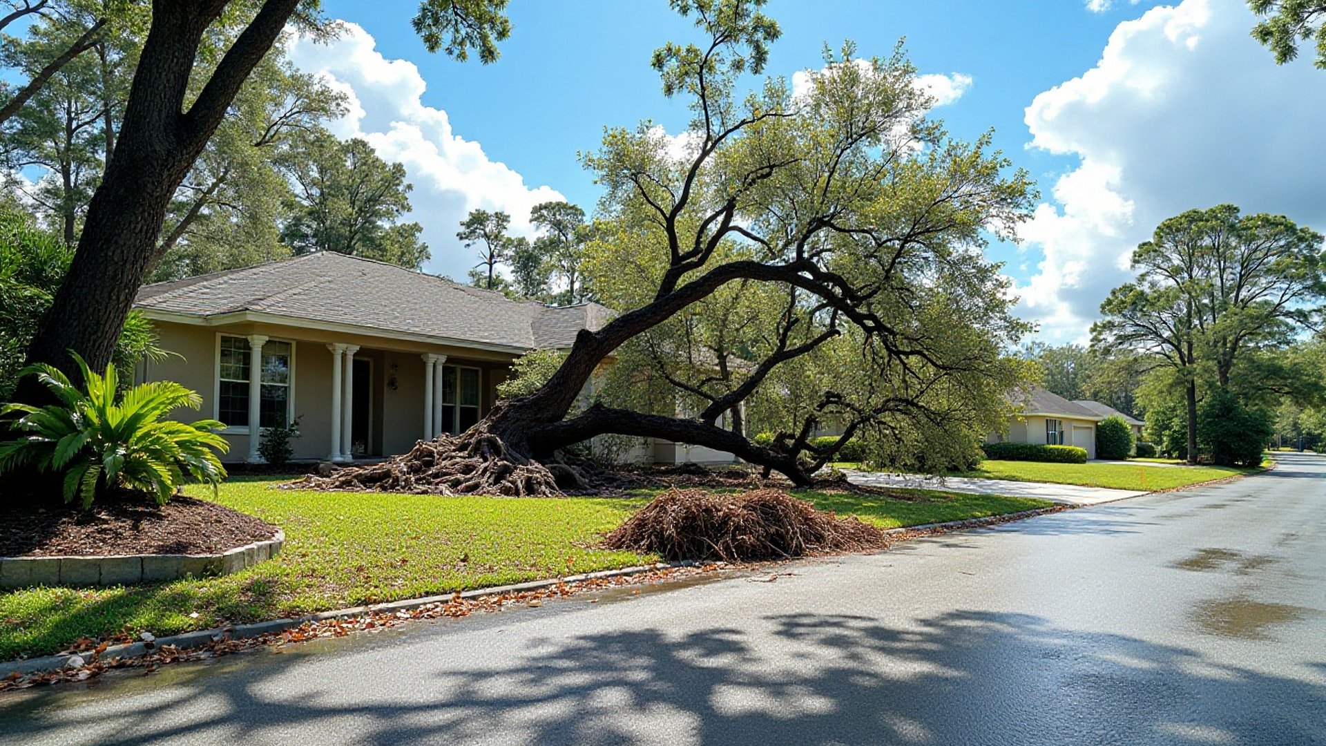 Uprooted tree lying across a yard beside a one-story home