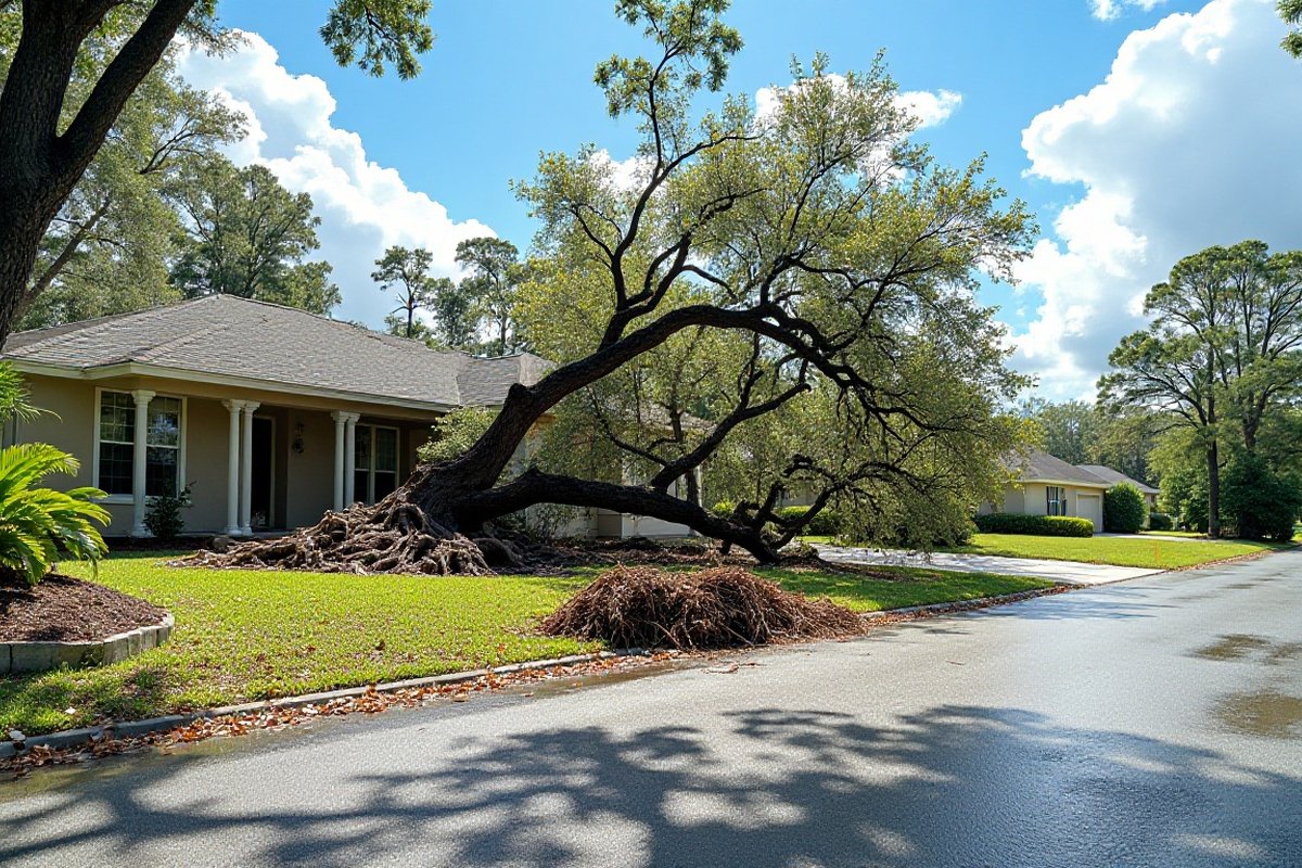 Uprooted oak on its side in a front yard, debris on a wet street