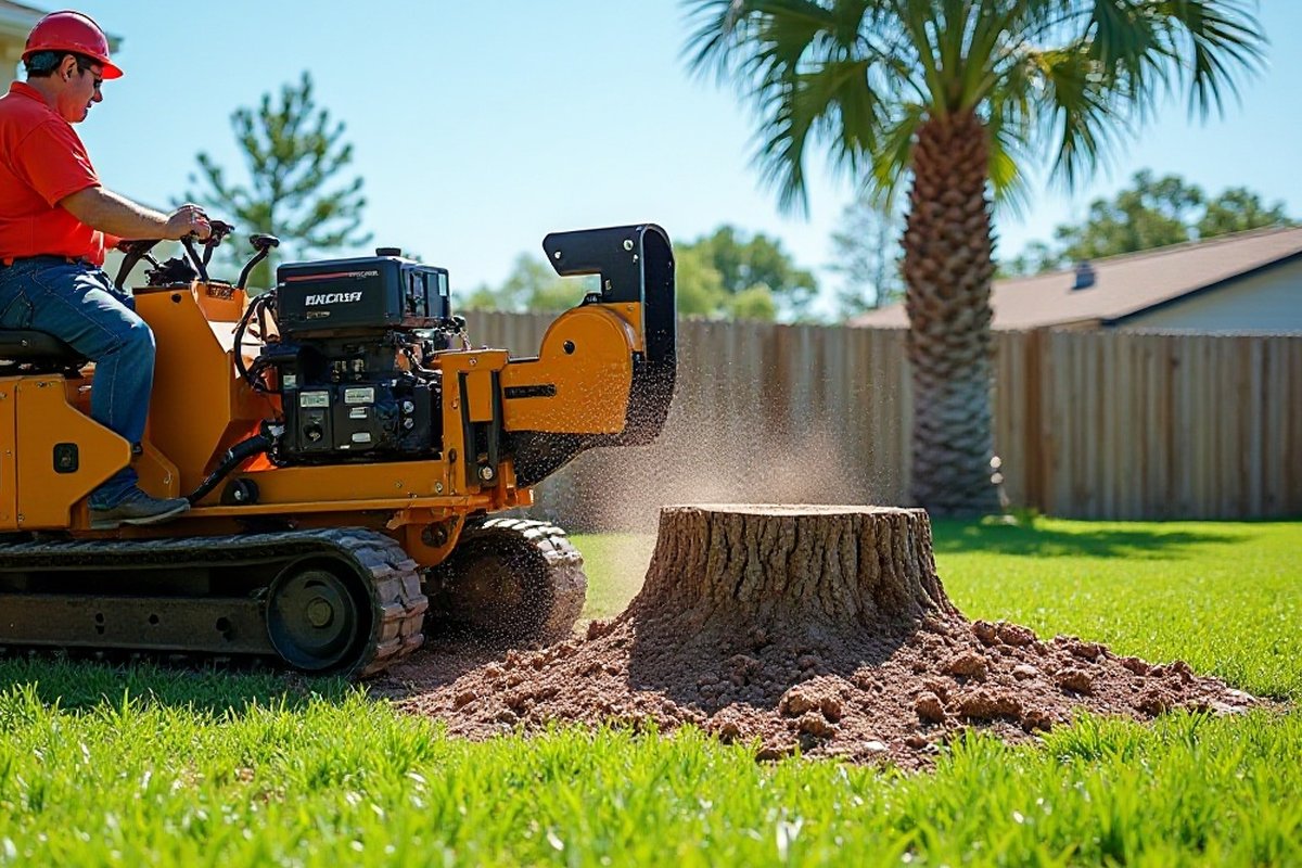 Worker on a tracked stump grinder, with a palm and wood fence behind
