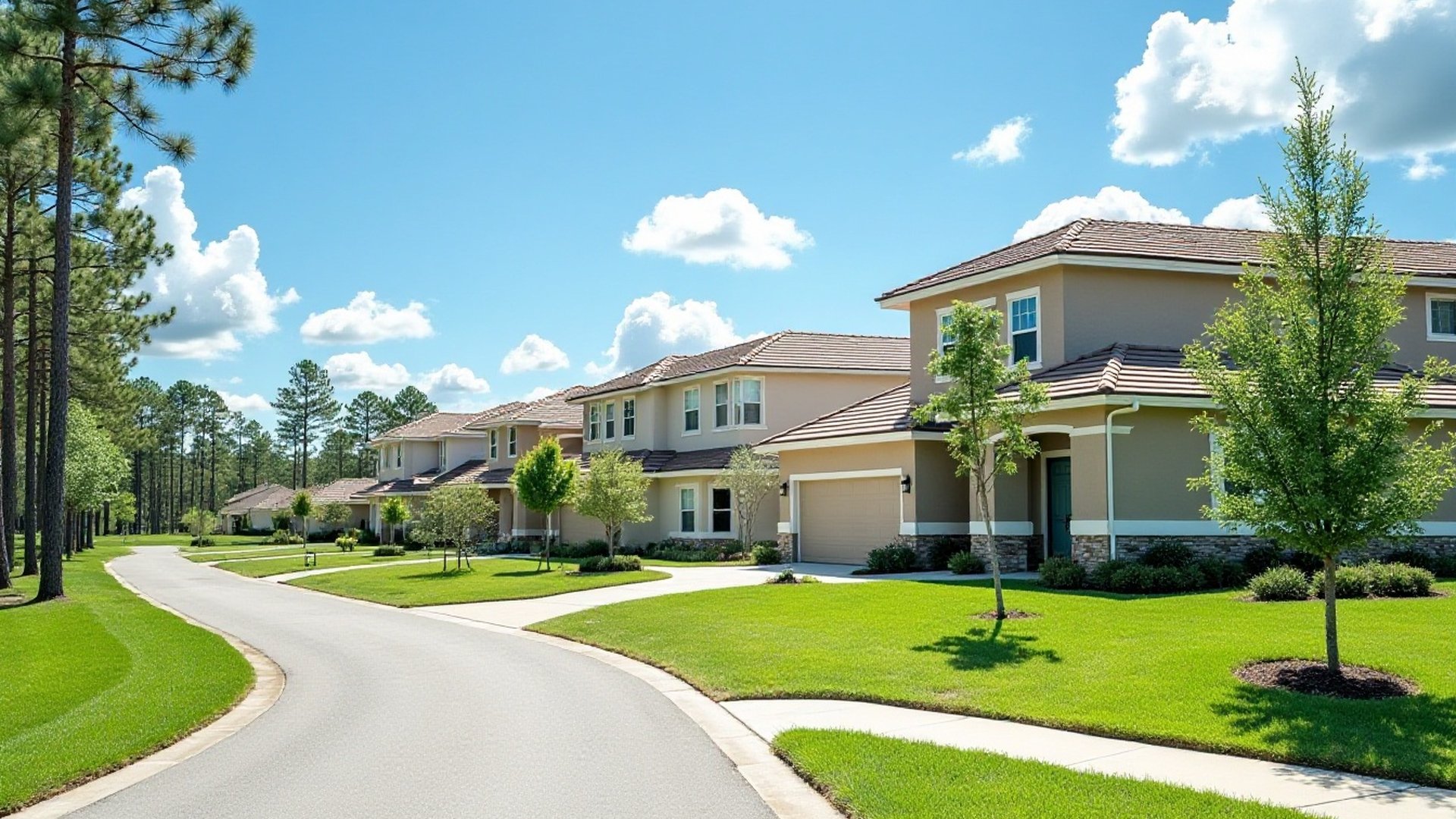 Curving suburban street of two-story homes with young trees and pines