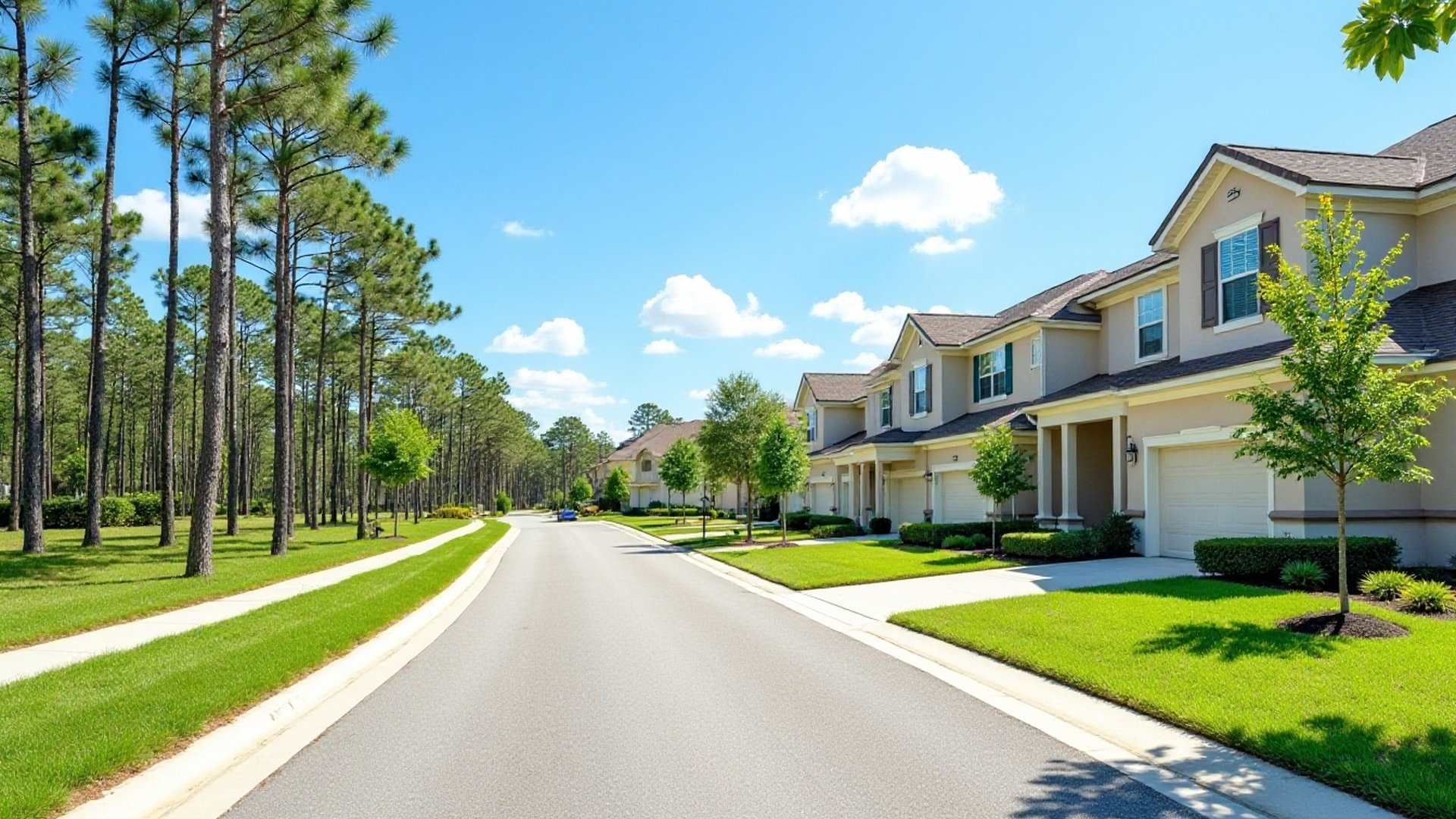 Suburban street with two-story homes and tall pines