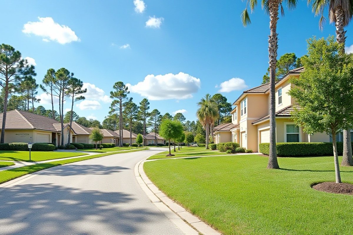 Curving subdivision street with young trees and palms in front of two-story homes