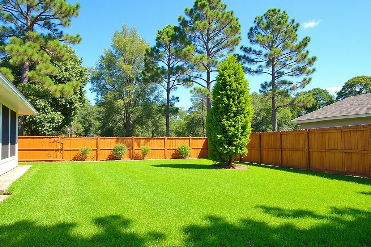 Tall pines behind a backyard wood fence