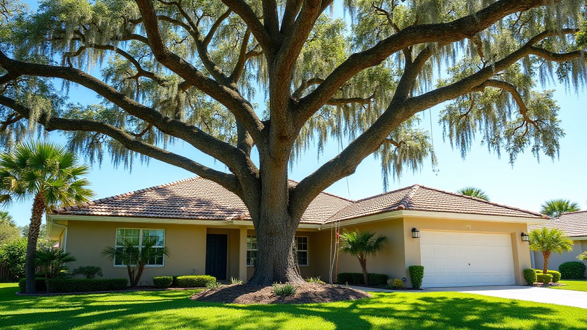 Huge spreading moss-draped oak in front of a one-story stucco home
