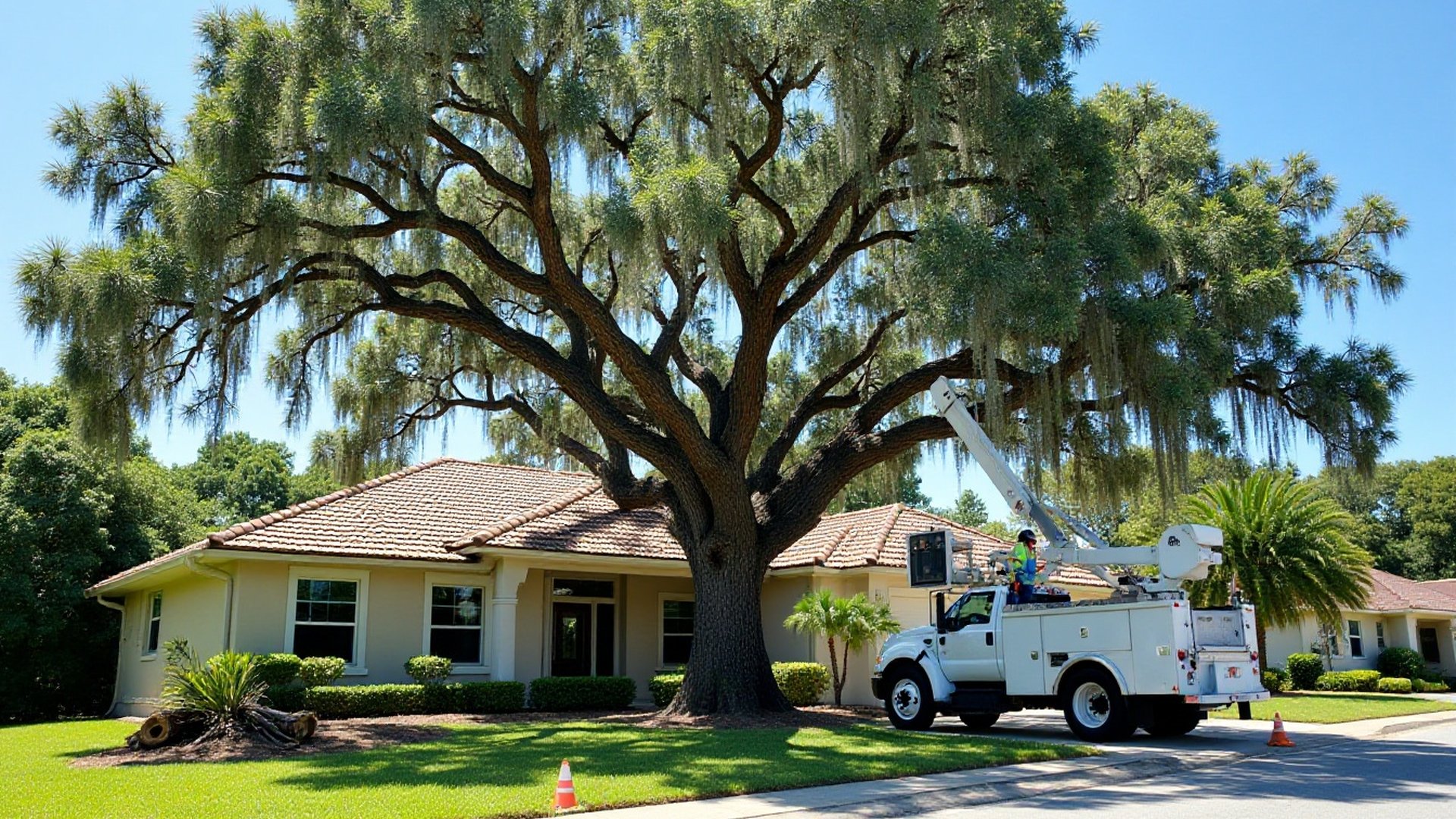Bucket truck parked by a large spreading oak in front of a one-story home