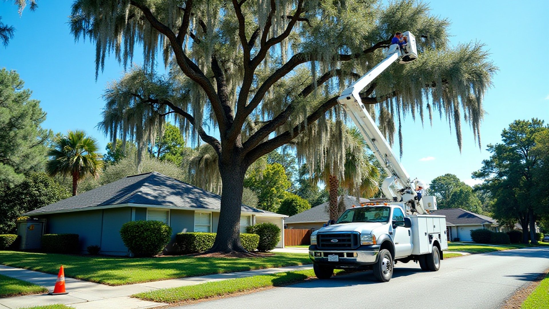Bucket truck with a worker in a moss-draped oak over a home, cone on the street