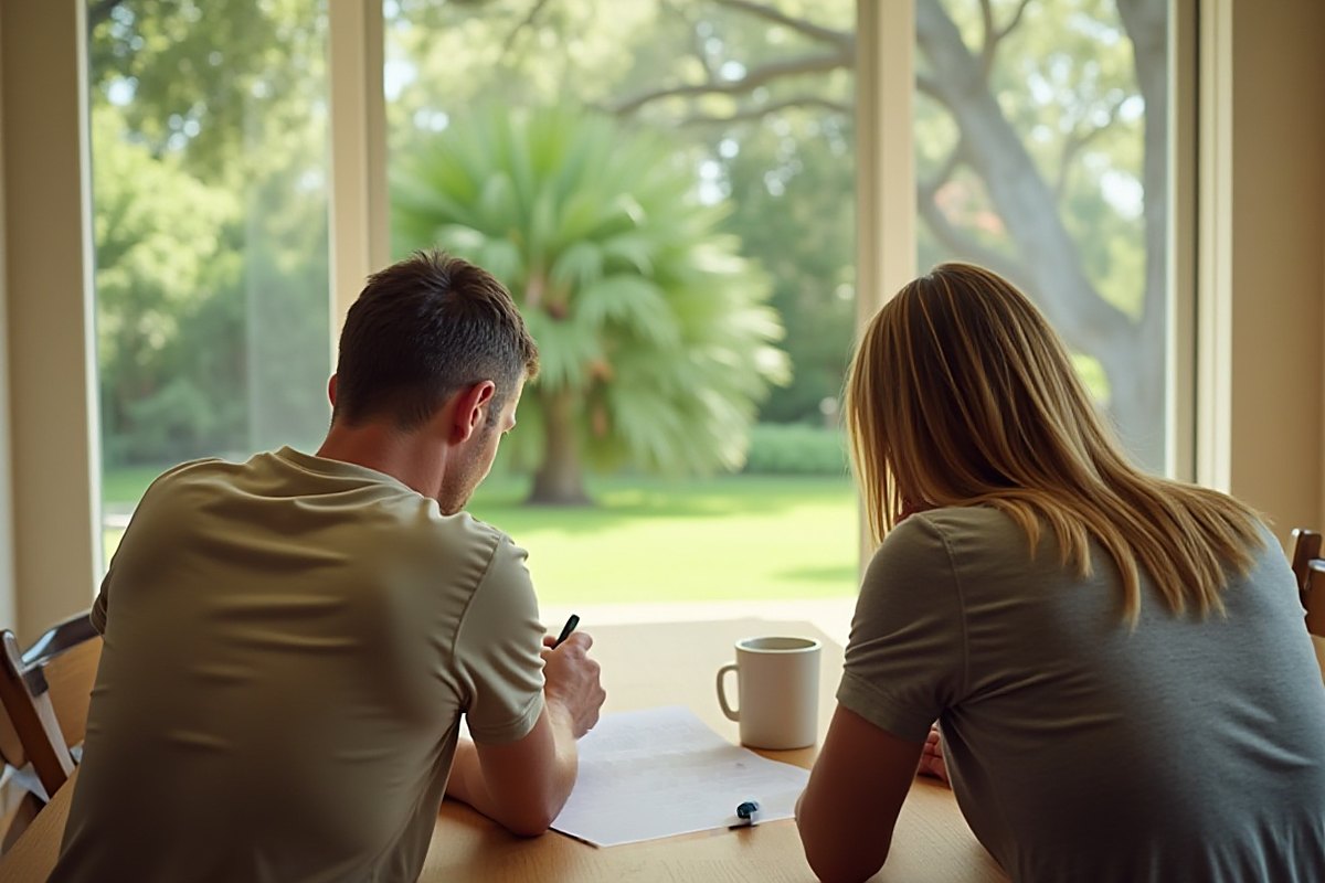 Two people at a kitchen table reading a document, window behind