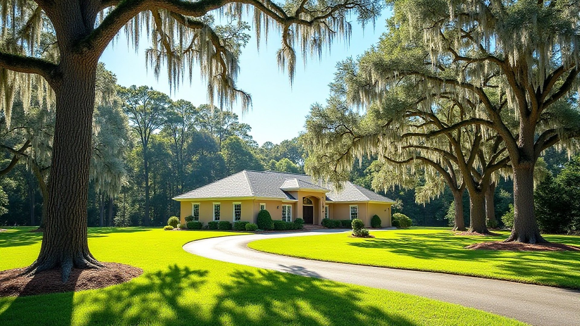 One-story home on a large wooded lot with moss-draped oaks and a curving drive