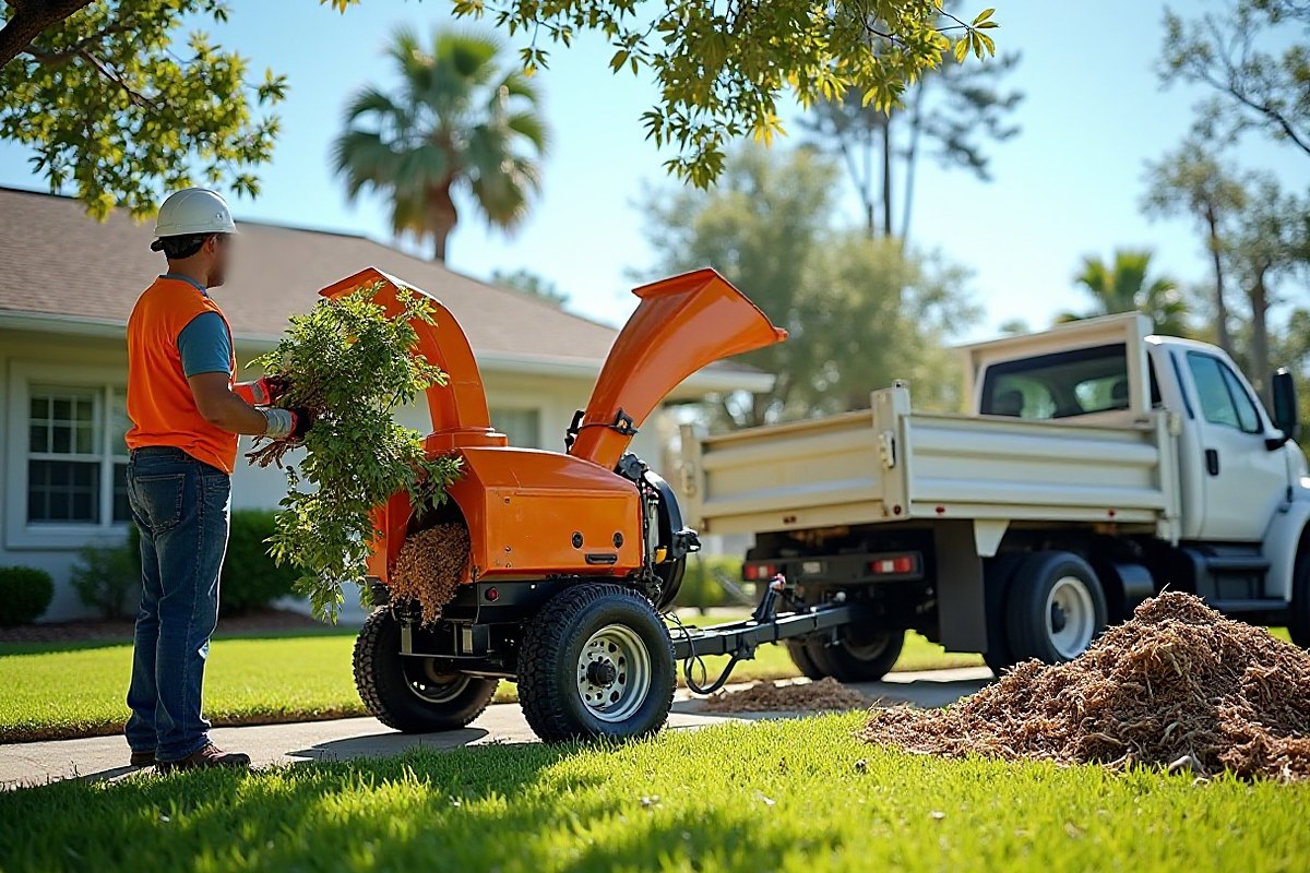 Worker in a hard hat and vest feeding branches into a chipper behind a truck