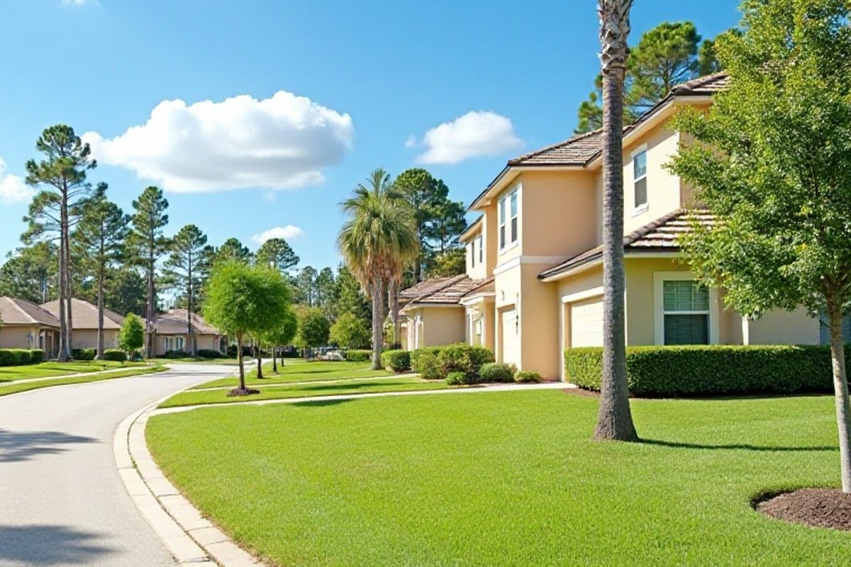 Young tree with one central trunk in a suburban yard