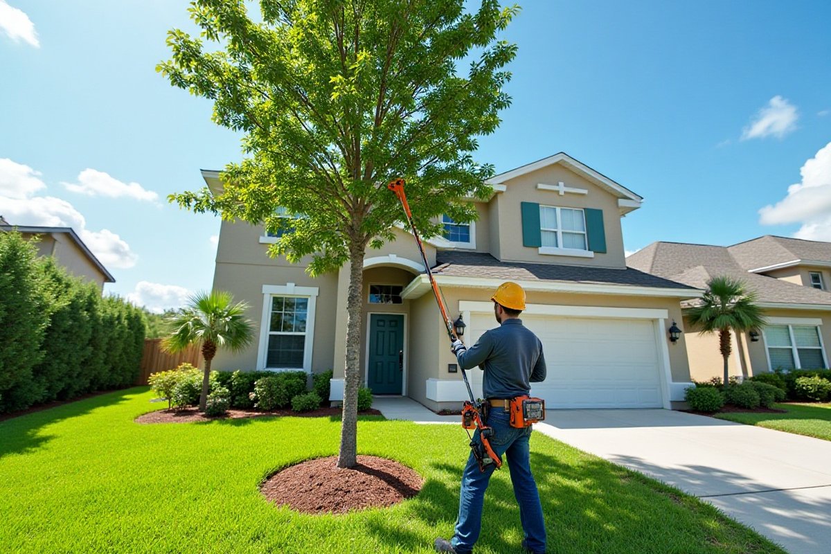 Worker using a pole pruner on a young tree in front of a two-story home with palms
